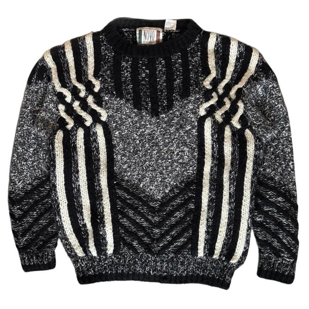 Vintage Novo 1980s chunky grandpa sweater Black white grey geometric design